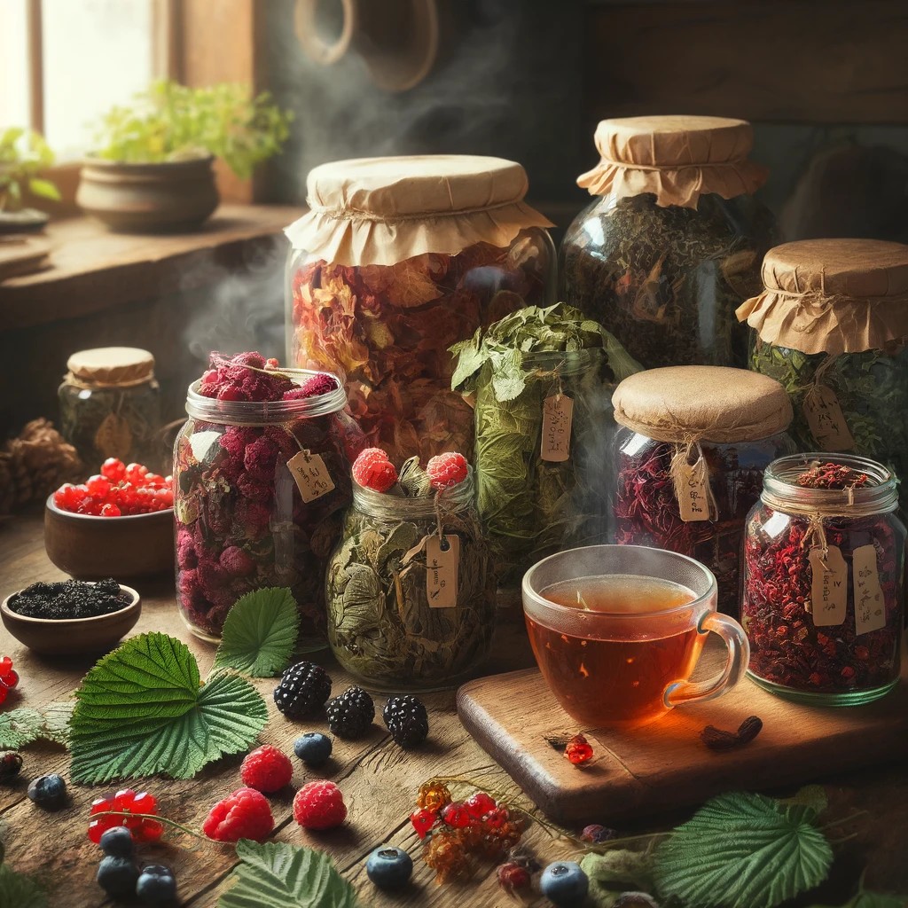 Bio-Kräutertee-Zutaten mit frischen und getrockneten Kräutern Bio-Kräutertee-Zutaten mit frischen und getrockneten Kräutern